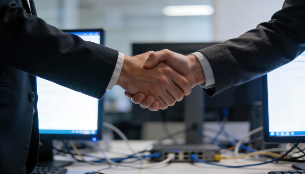 Business handshake in data center with servers monitors and network cables it services partnership agreement technology support infrastructure operations management concept