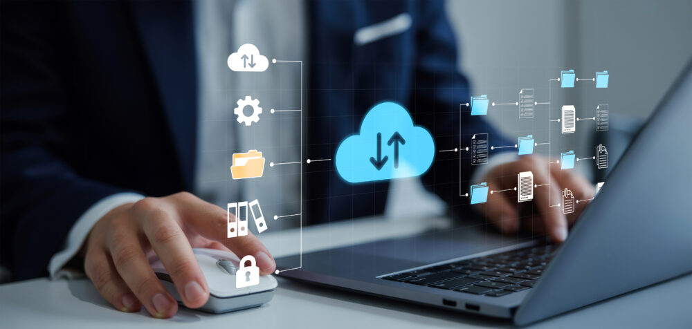 Exchange information and data with internet cloud technology.FTP(File Transfer Protocol) files receiver and computer backup copy. File sharing isometric. Digital system for transferring documents.